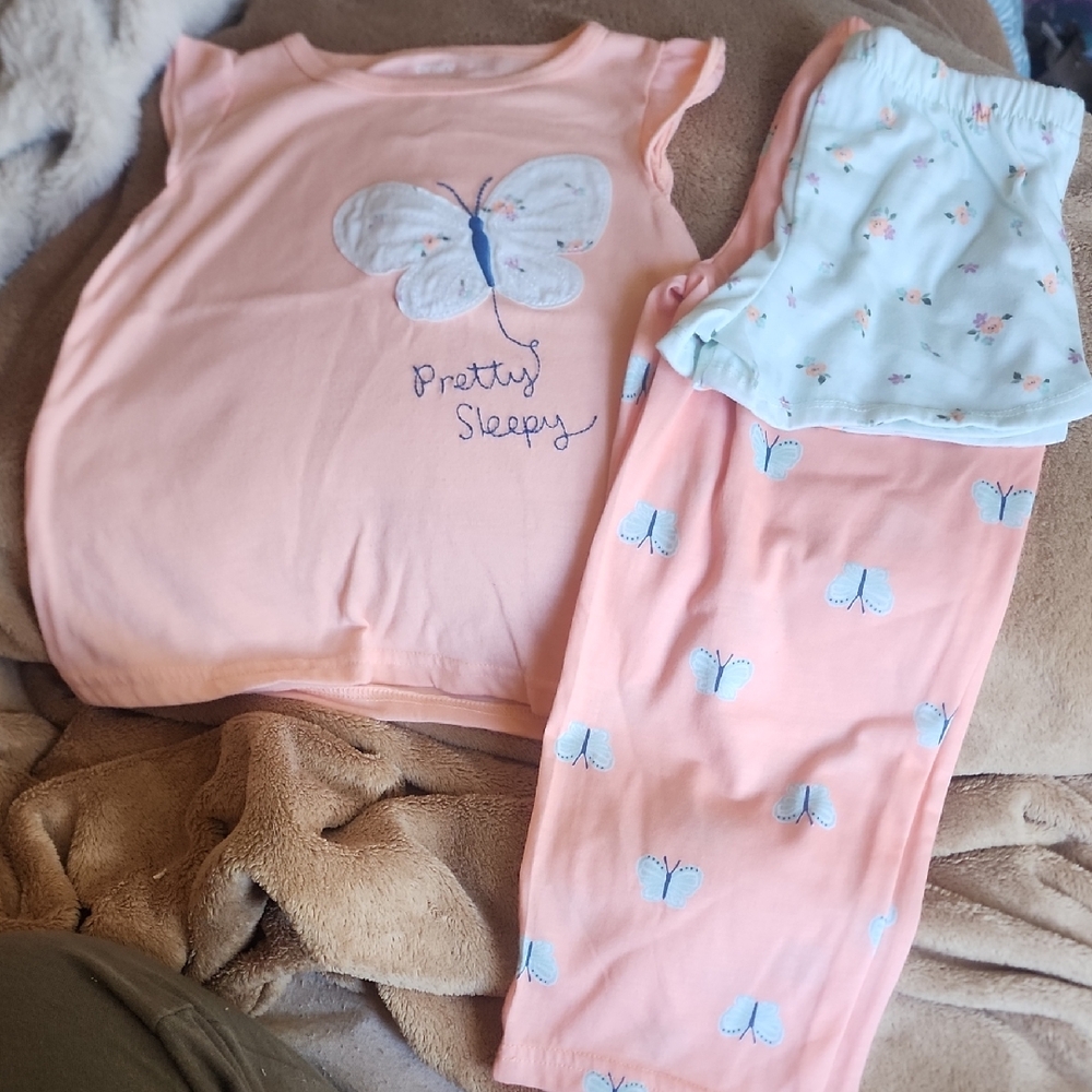 Sz 4T Carter's Girls' Loose Fit Peach Butterfly Pajama Set - Pretty Sleepy